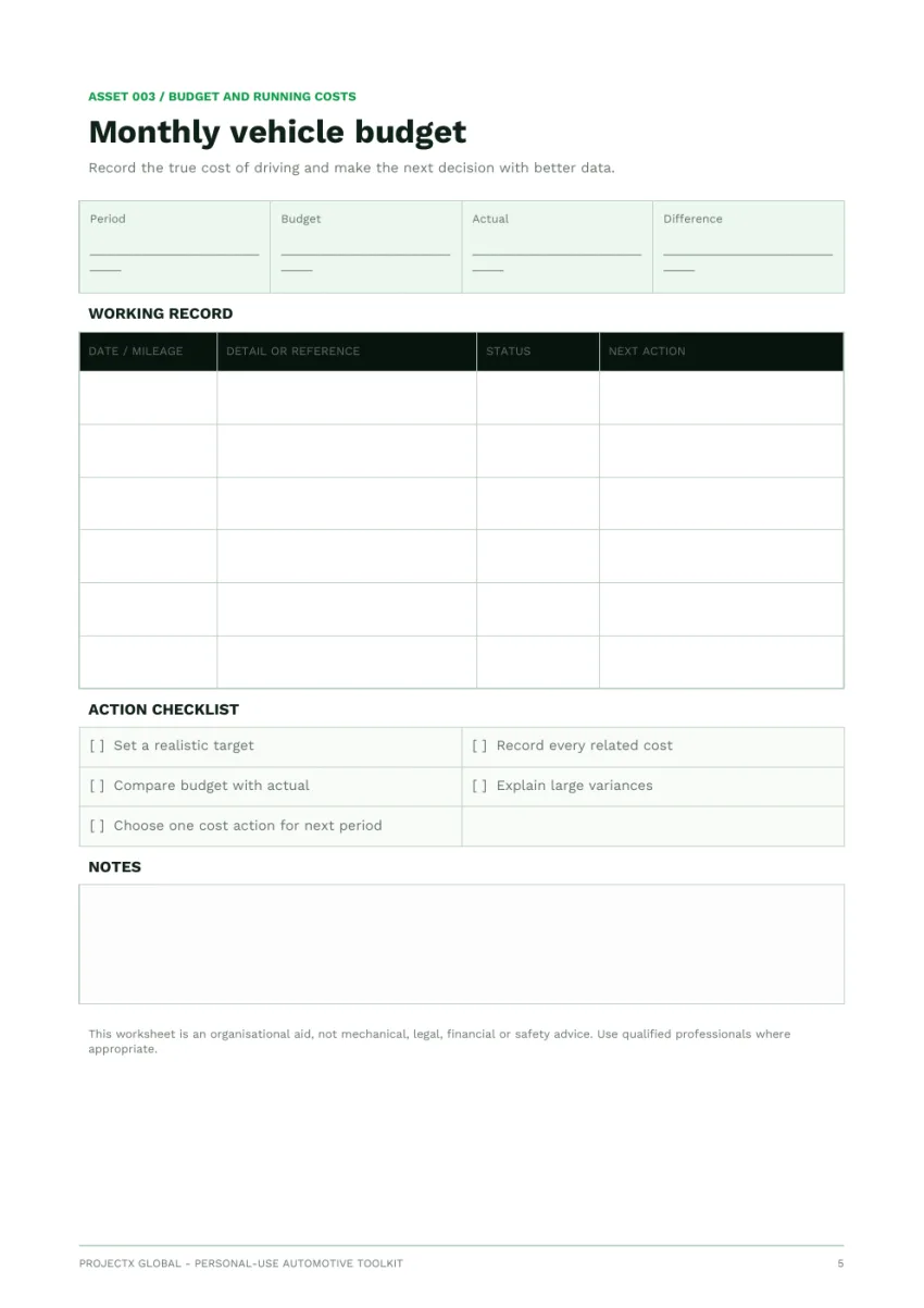 Running costs worksheet