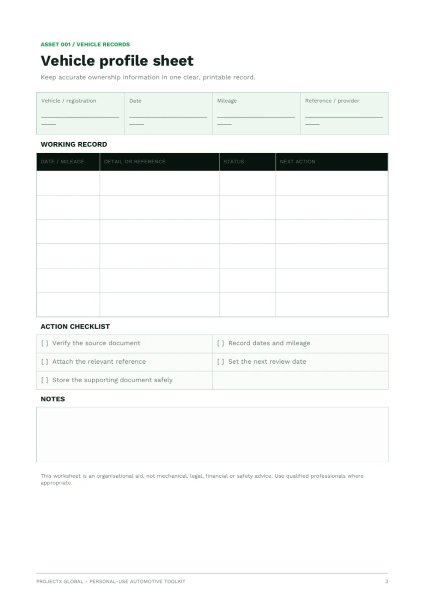 Vehicle profile worksheet